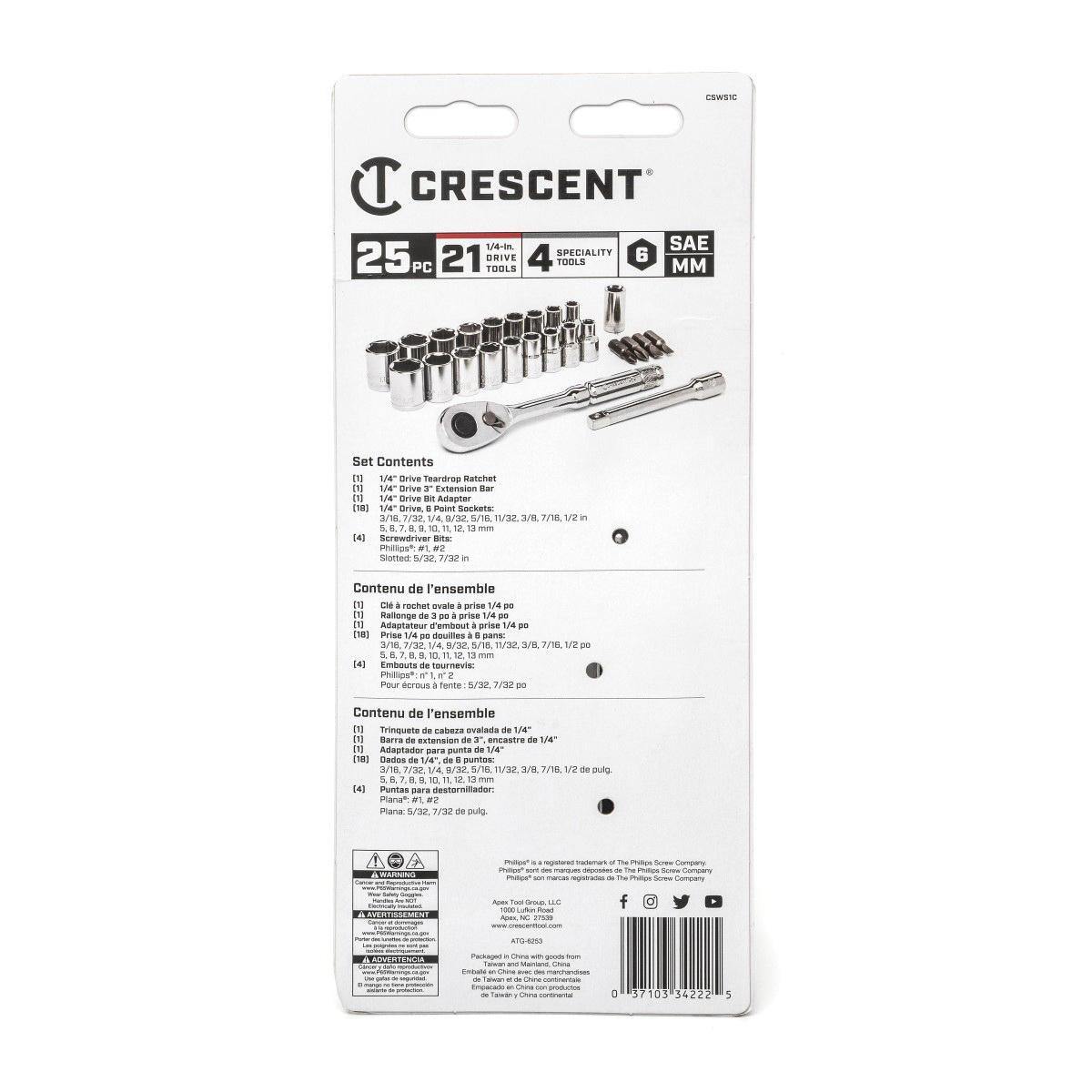 CRESCENT® CSWS1C Mechanic's Tool Set, 1/4 in Drive, System of Measurem ...