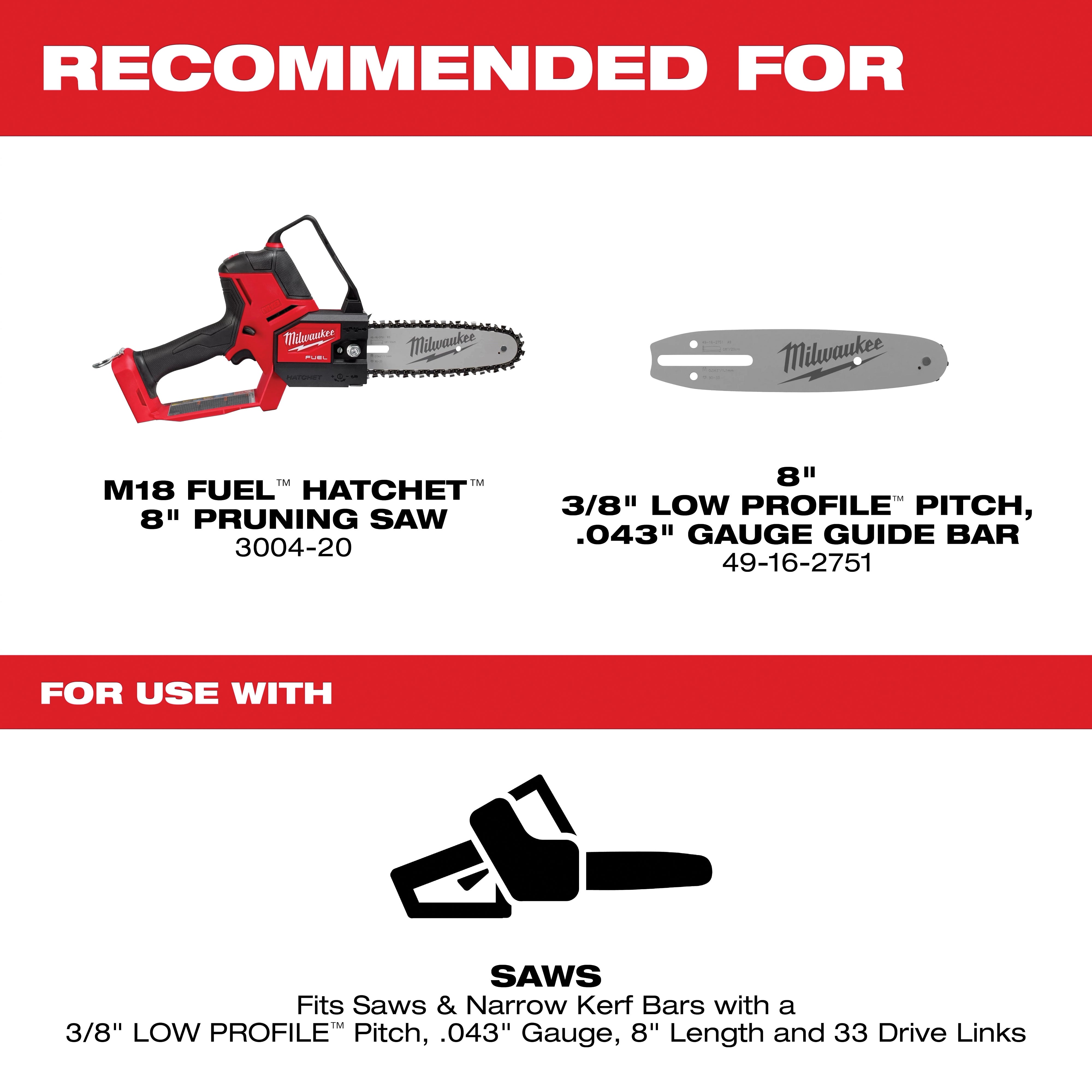 Milwaukee® 49-16-2750 Pruning Saw Chain, 8 in L, 0.043 in, 11/64
